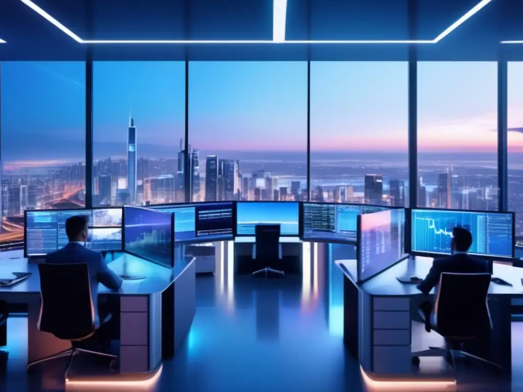 Futurista trading floor con vista panorámica a la ciudad al atardecer Futuro trading: Actualización algoritmos para ganancias