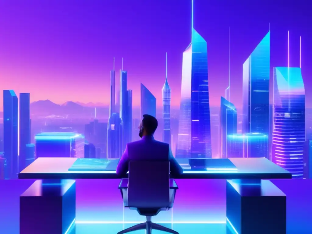 Futurista ciudad con trader y criptomonedas Futuro trading cripto: ciudad futurista, gráficos en tiempo real, estrategias inversión con criptomonedas