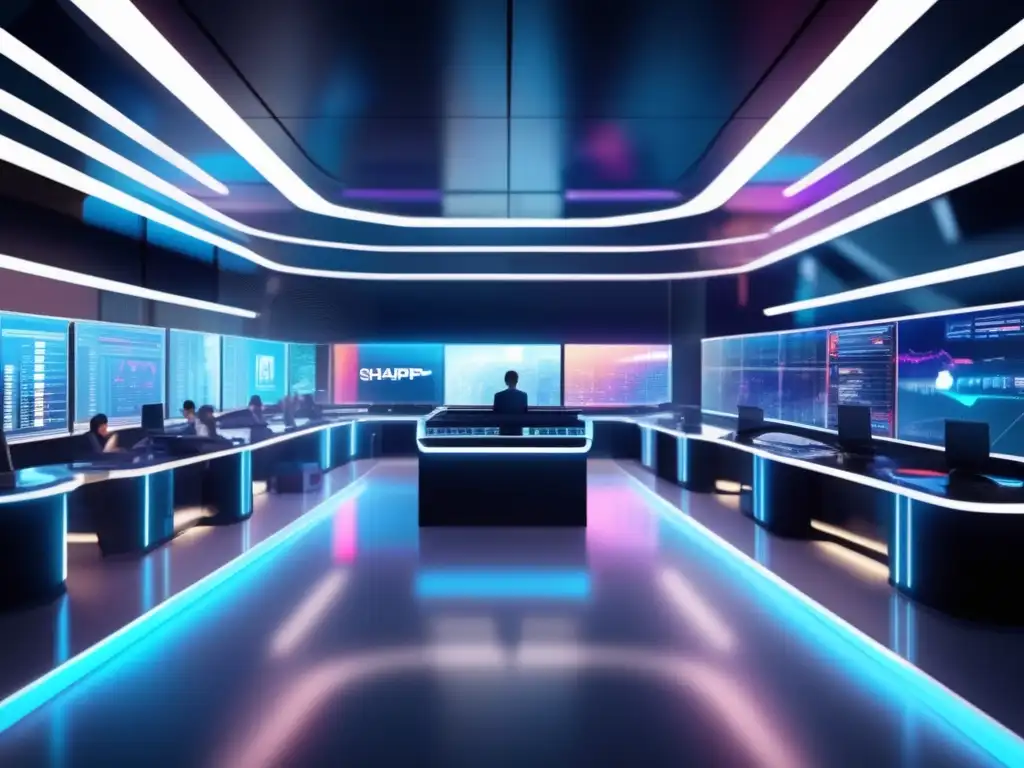 Trading futurista con tecnología avanzada Futuro trading criptomonedas: plataforma sofisticada, moderna y tecnológica con traders analizando gráficos y haciendo transacciones