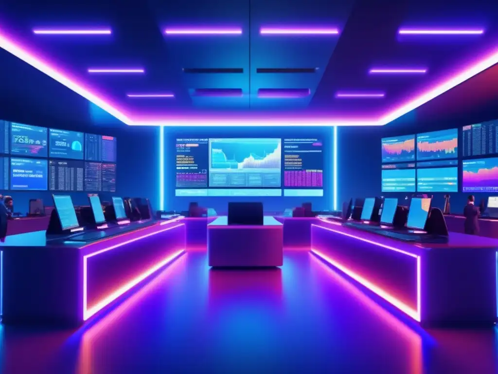 Traders en un piso futurista con pantallas de criptomonedas Futuro trading criptomonedas: traders, gráficos, análisis técnico y más