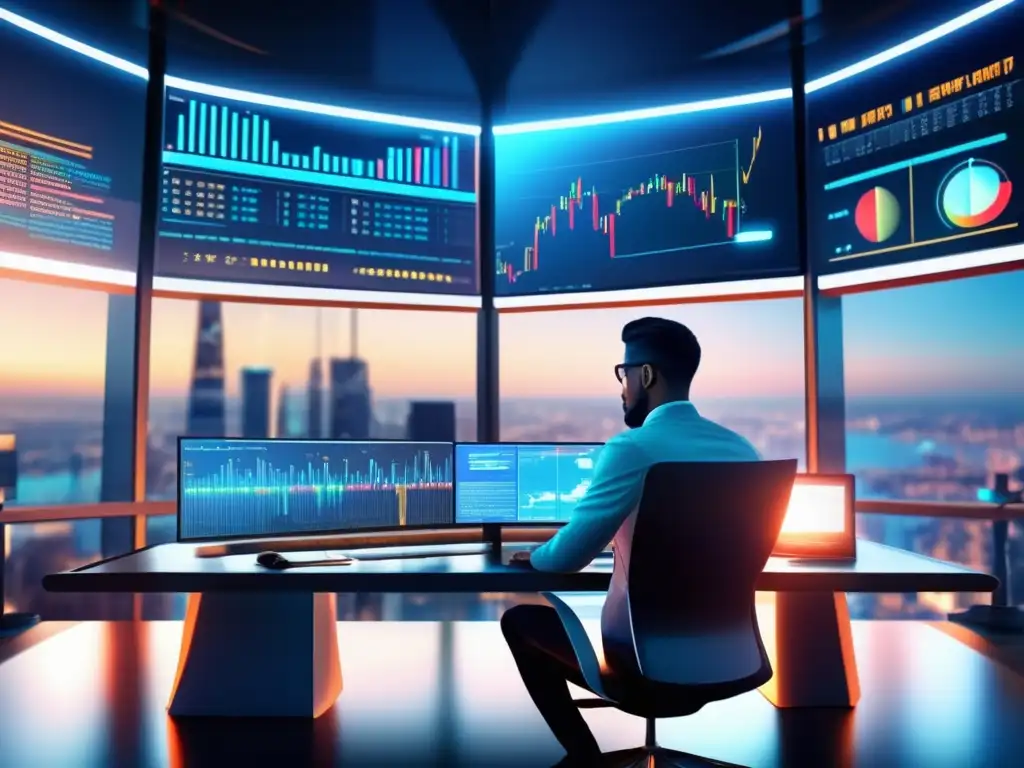 Escritorio de trading futurista Futuro trading desk con diseño moderno y monitores que muestran indicadores técnicos MACD y RSI
