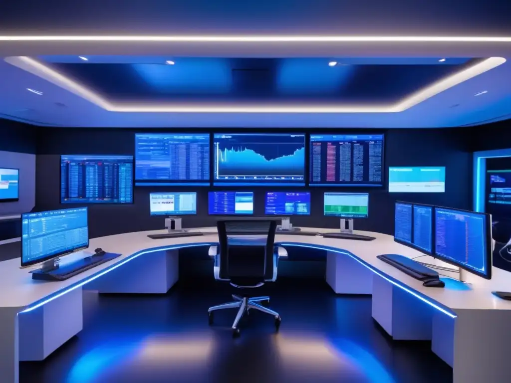 Sala de trading futurista con tecnología avanzada Futuro trading room con diseño moderno y tecnología avanzada