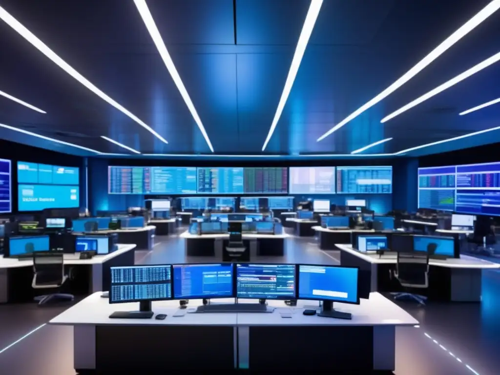 Piso de trading futurista con traders analizando el mercado Futuro trading floor Europa: Sala espaciosa con elegantes escritorios, traders analizando mercados en tiempo real, estrategias inversión inteligente