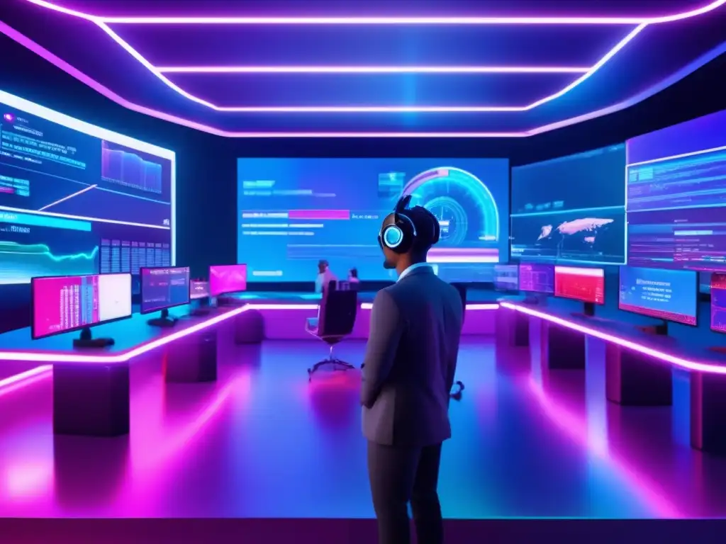 Traders interactúan con IA y datos en una sala futurista Futuro trading financiero con IA: algoritmos IA aprendizaje mercados inversiones