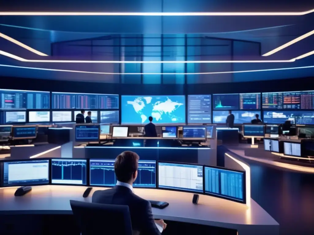 Traders analizando gráficos y MACD en sala de trading futurista Futuro trading financiero con MACD para predecir movimientos