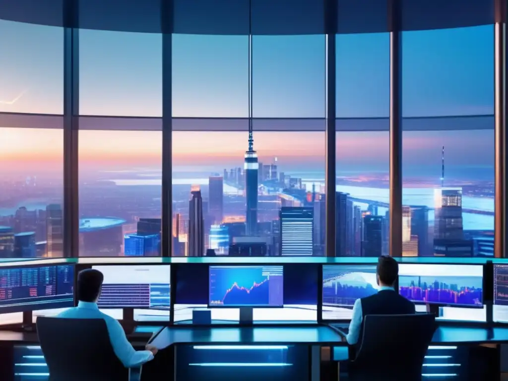 Traders modernos en piso de operaciones Futuro trading floor: Algoritmos IA aprendizaje mercados inversiones