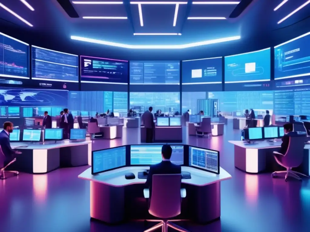 Traders en una sala de operaciones futurista Futuro trading floor con bots