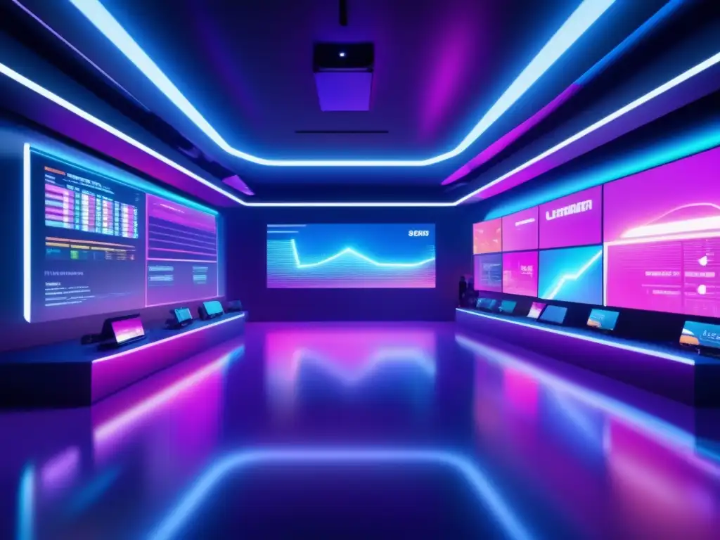 Futuro trading de criptomonedas Futuro trading floor con traders VR, luz neón y datos en vivo