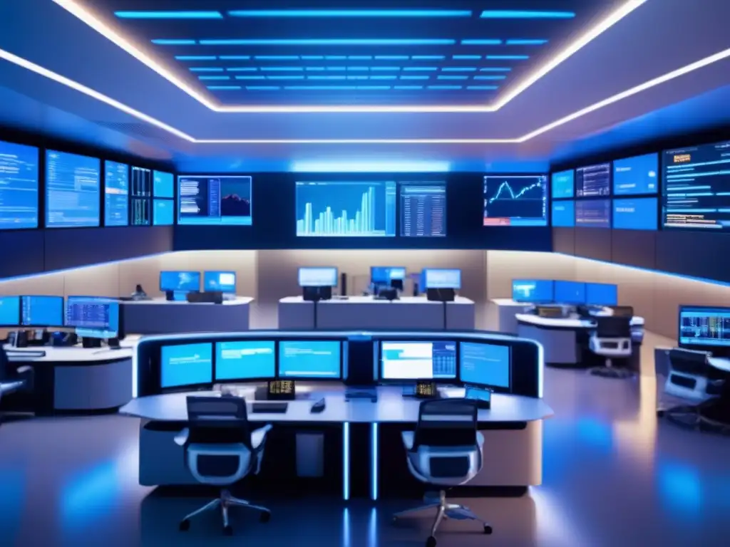 Traders en piso futurista Futuro trading floor con diseño moderno y traders equipados con tecnología avanzada y datos en tiempo real - Ventajas del uso de big data en trading