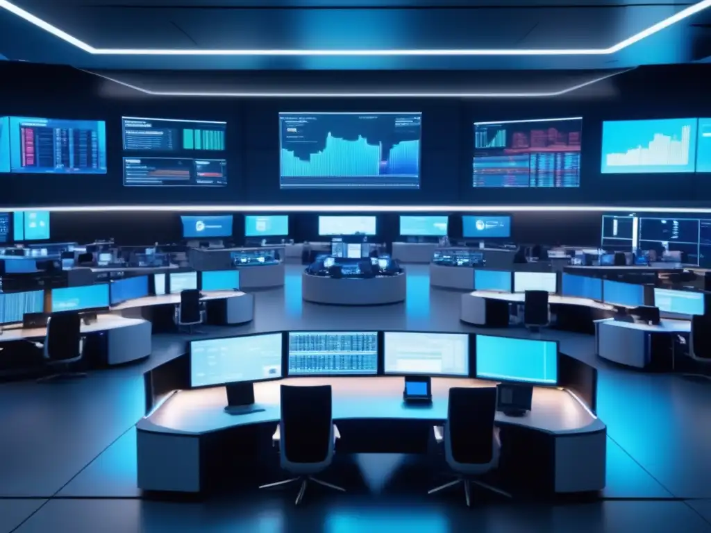 Traders en piso futurista Futuro trading floor con estaciones minimalistas y traders enfocados en pantallas de datos, mostrando la integración de bots en inversión financiera