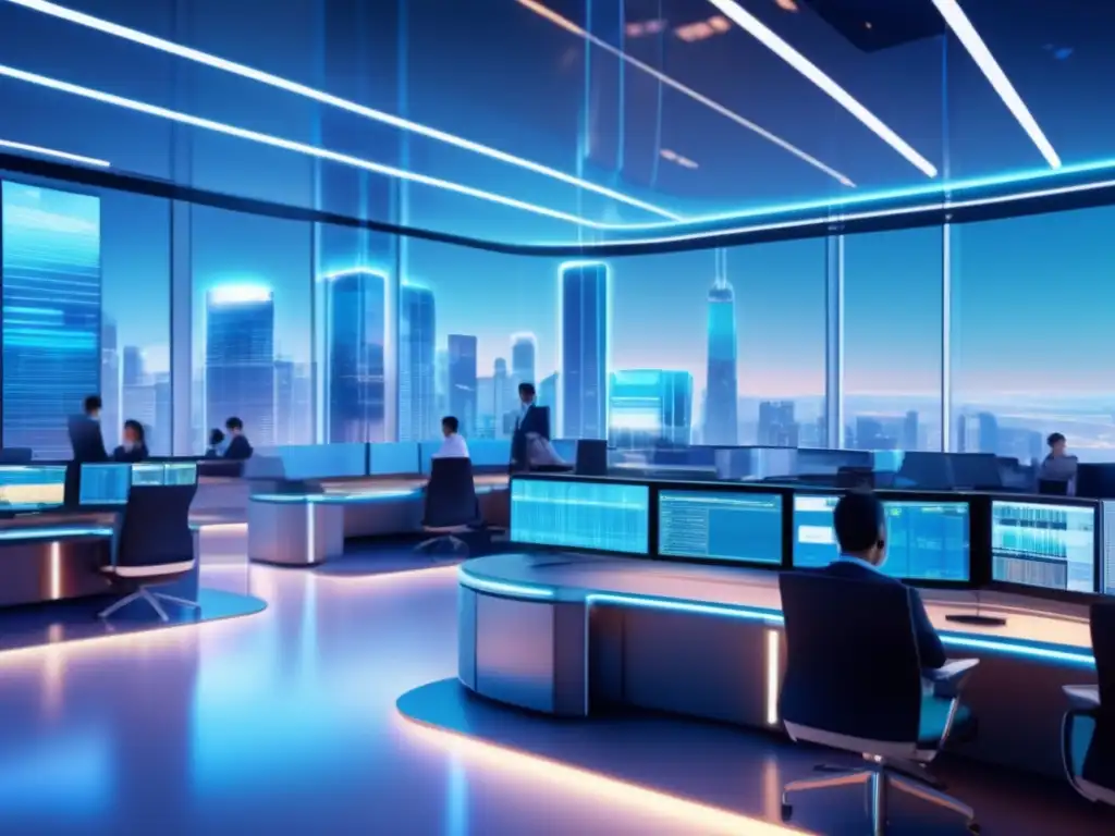 Traders humanos y robots en un piso de operaciones futurista Futuro trading floor, humanos y robots interactúan en un ambiente moderno y seguro