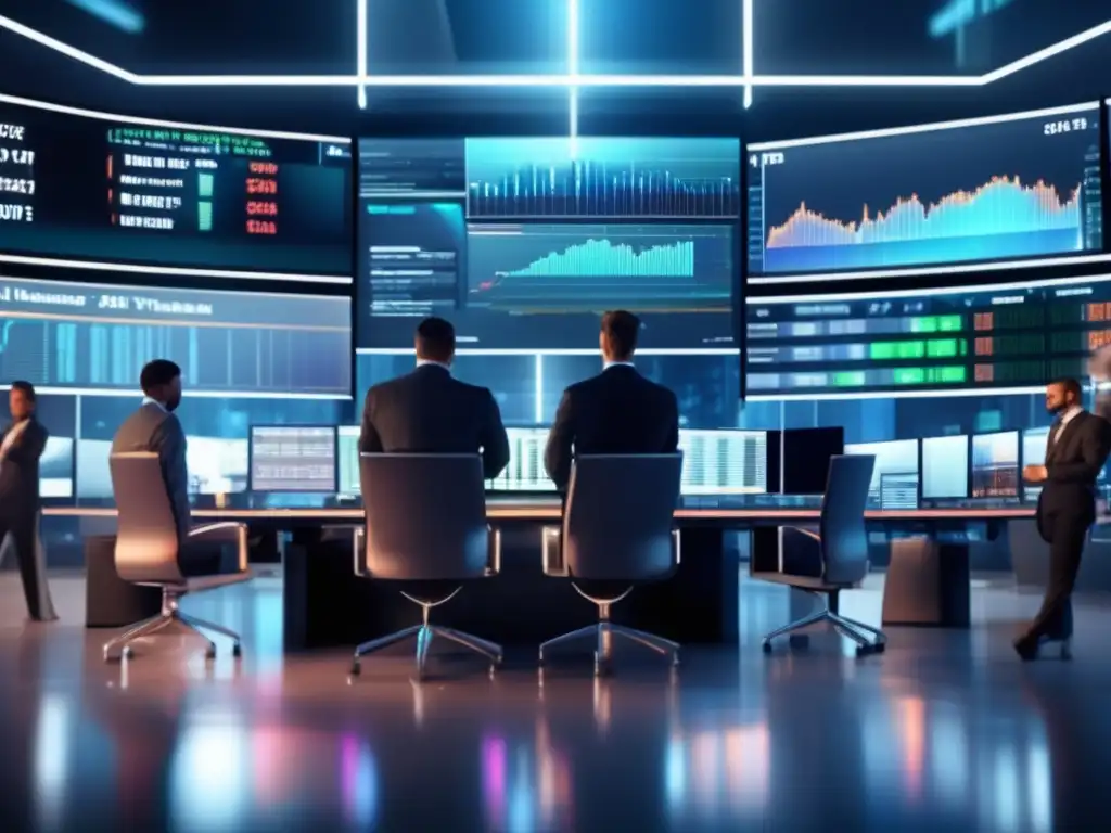 Futuro piso bursátil con tecnología de vanguardia Futuro trading floor con oficinas vidriadas, pantallas de alta tecnología, traders analizando gráficos holográficos y AI en tiempo real
