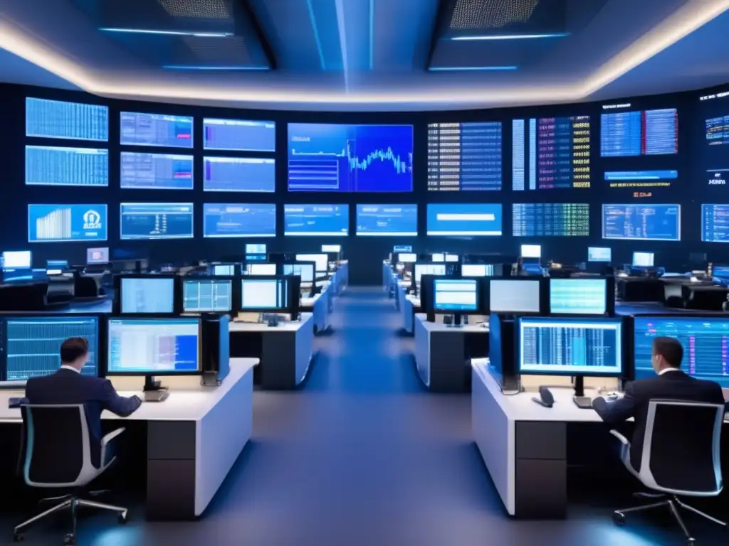 Futuro trading floor con tecnología avanzada Futuro trading floor con pantallas de mercado en tiempo real