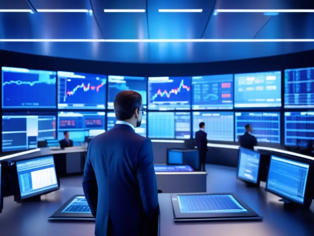 Traders analizando datos en una sala de trading futurista Futuro trading floor con pantallas de alta tecnología mostrando datos en tiempo real