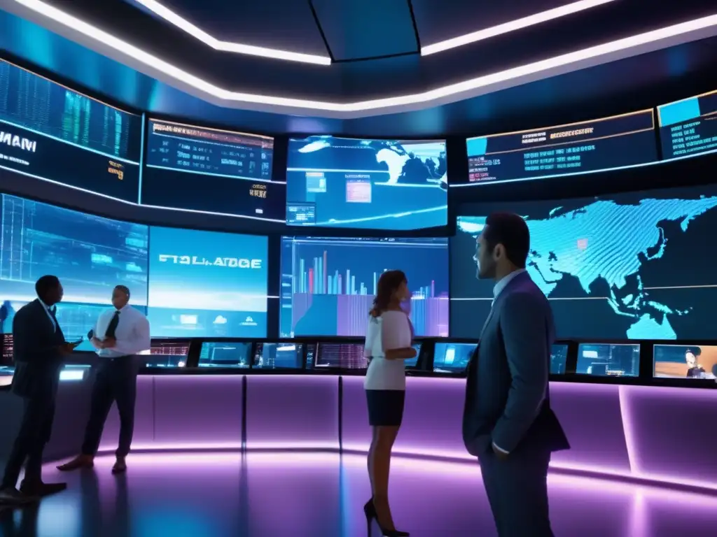 Sala de operaciones futurista, con tecnología avanzada y hologramas Futuro trading floor con tecnología avanzada y traders interaccionando con hologramas - Innovaciones en Derivados: Oportunidades en Bolsa