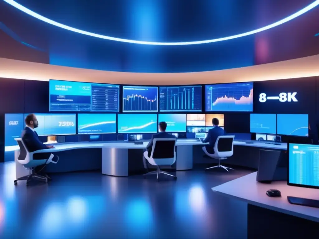 Trading futurista con tecnología avanzada Futuro trading floor con tecnología de vanguardia, traders en trajes modernos, datos financieros en tiempo real y ventajas competitivas de Plus500