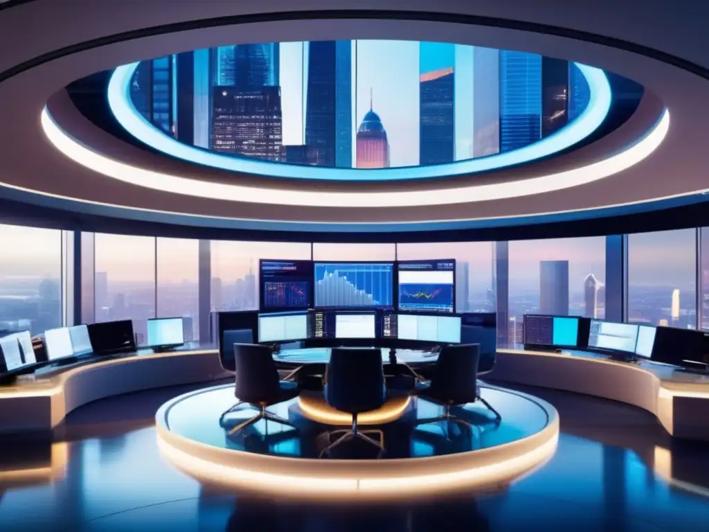 Futuro trading floor: tecnología, finanzas y IA Futuro trading floor con vista panorámica de ciudad, traders enfocados, redes neuronales en trading algorítmico