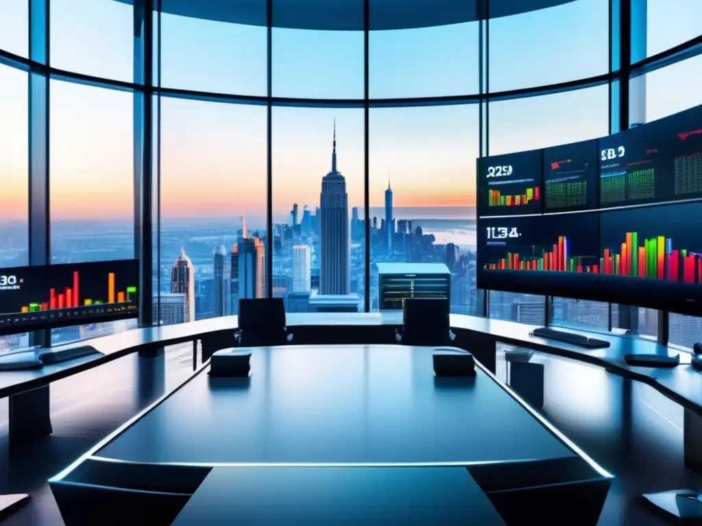 Traders analizando mercados en piso ultramoderno Futuro trading floor con vista panorámica de la ciudad y traders analizando estrategias de inversión en juegos