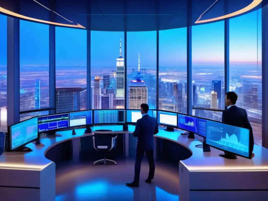 Futuro trading floor con vista panorámica de la ciudad Futuro trading floor con vista panorámica de la ciudad, traders analizando datos y tendencias