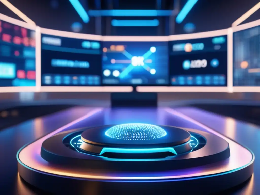 Futuro del trading: IA y tecnología Futuro IA trading: imagen 8k impactante con consola futurista, nodos luminosos y ciudad futurista