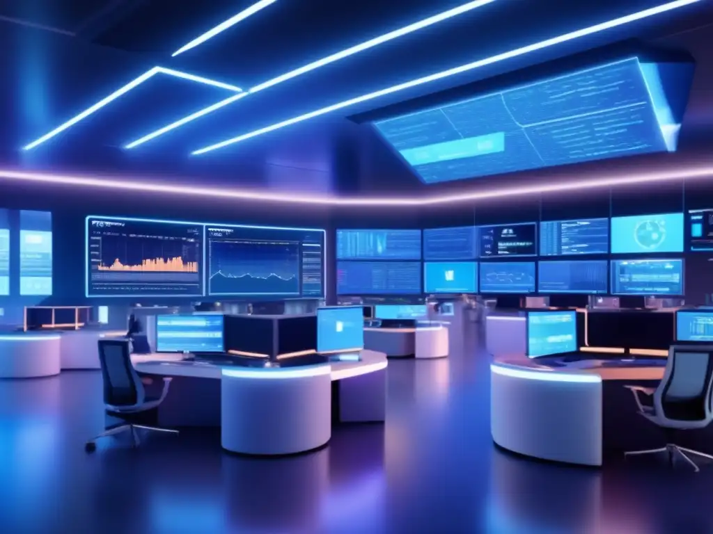 Traders en una sala futurista de intercambio Futuro trading con IA: Piso moderno, traders con AR, vista panorámica de la ciudad