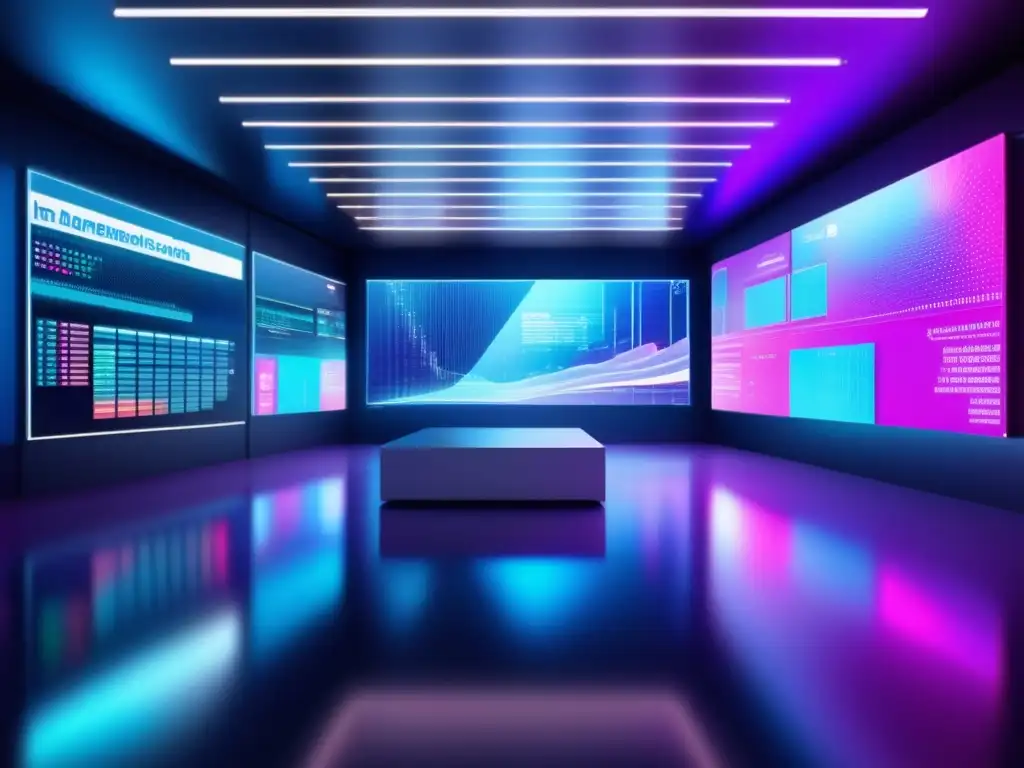 Futuro trading con IA: Traders en ambiente futurista Futuro trading: IA potencia algoritmos en piso vanguardista, hologramas, traders y tecnología de vanguardia