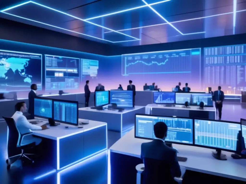 Futuro de la IA en el trading Futuro de la IA en trading: sala de operaciones futurista con tecnología de vanguardia, traders y gráficos holográficos