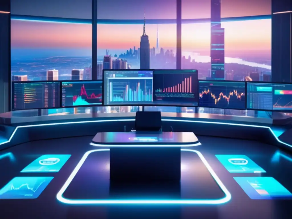 Sala de trading futurista con tecnología avanzada Futuro trading room con tecnología avanzada y bot de trading en centro rodeado de gráficos holográficos y profesionales