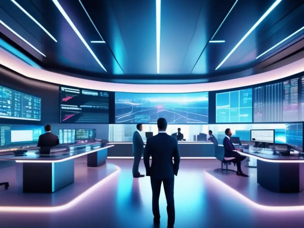 Futuro de la IA en la industria financiera Futuro IA en trading: piso ultradetallado de 8k, edificio moderno, operadores, pantallas holográficas, tecnología avanzada, ciudad futurista
