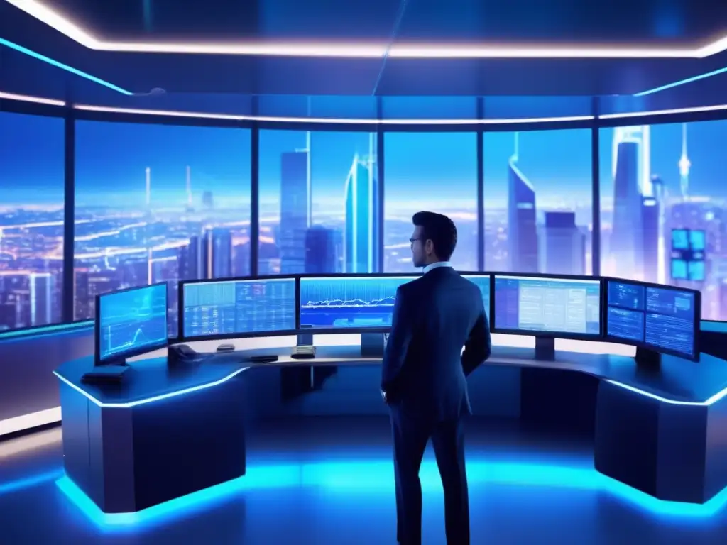 Sala de trading futurista con vista panorámica de una ciudad bulliciosa Futuro trading room con vista panorámica de ciudad, algoritmos financieros y traders inmersos en trading algorítmico