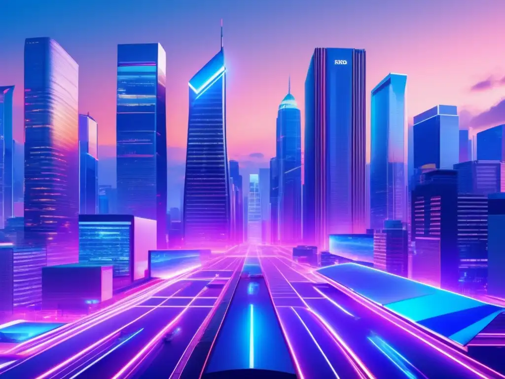 Futuro de transacciones inmobiliarias con blockchain Futuro de transacciones inmobiliarias con blockchain en una ciudad futurista al atardecer