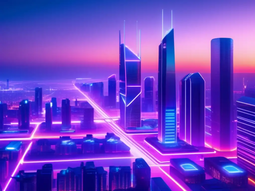 Futuro de la ciudad con blockchain Futuro de transacciones inmobiliarias: ciudad futurista con rascacielos transparentes, blockchain y tecnología avanzada