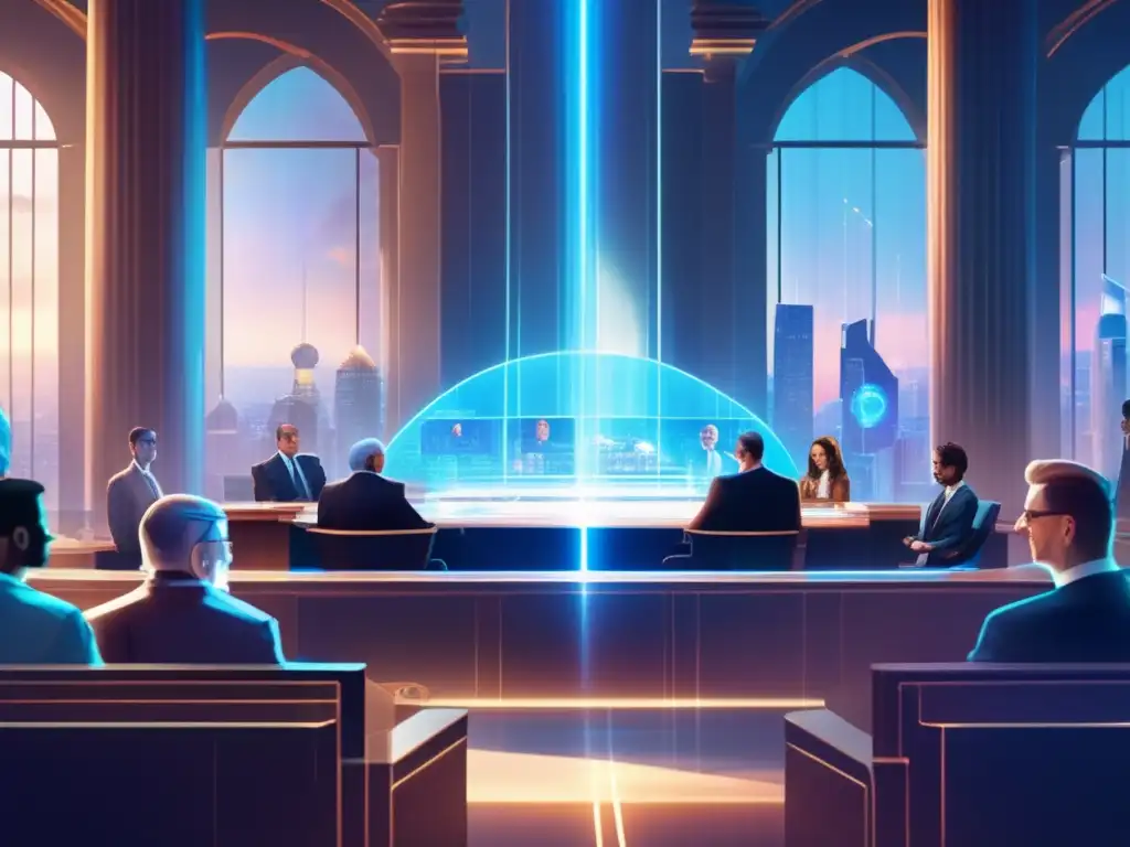 Futurista sala de juicio con tecnología avanzada Futuro tribunal con abogados y juez en batalla legal de ICOs y criptomonedas