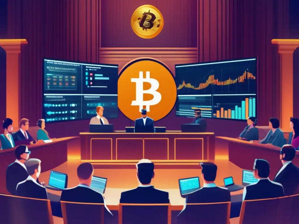 Futuro de la justicia y las criptomonedas Futuro tribunal con elementos tradicionales y digitales, destacando la batalla entre ICOs y reguladores (Regulación de ICOs y criptomonedas)