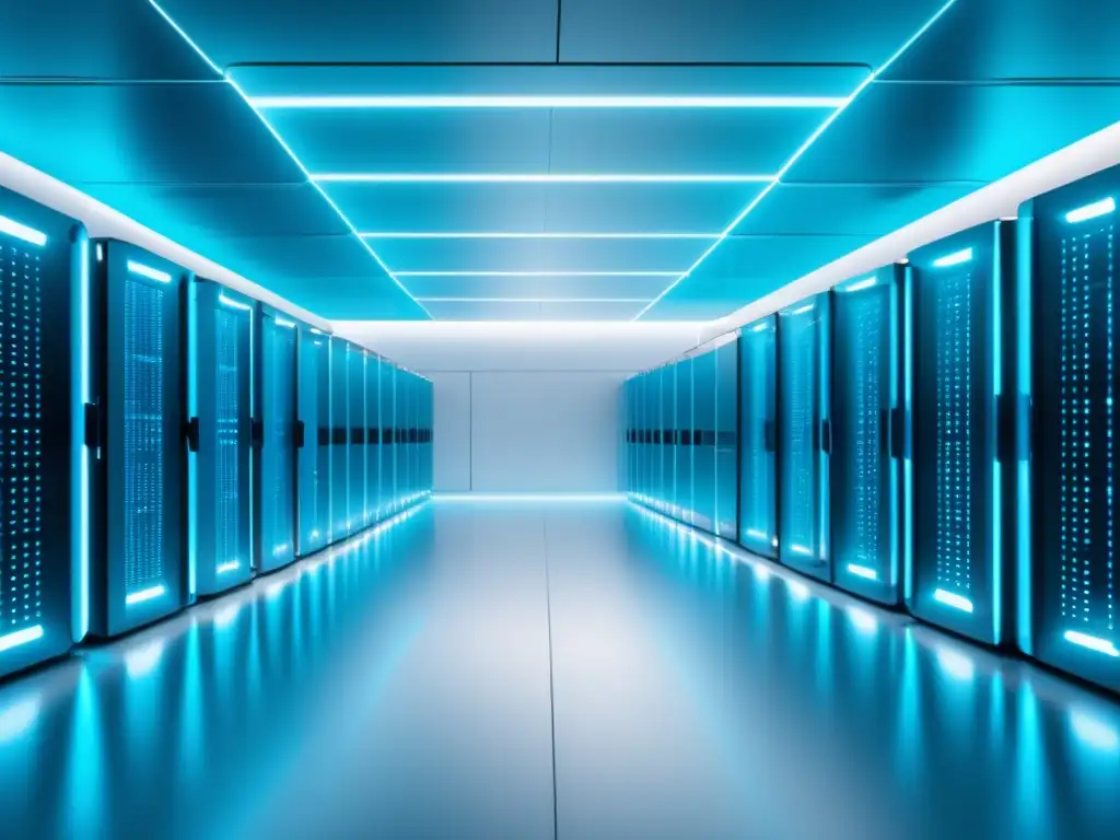 Futuro centro de datos en azul y blanco Futuro data center 8k ultradetallado, con servidores de última tecnología en sala blanca, rodeado de vidrio transparente