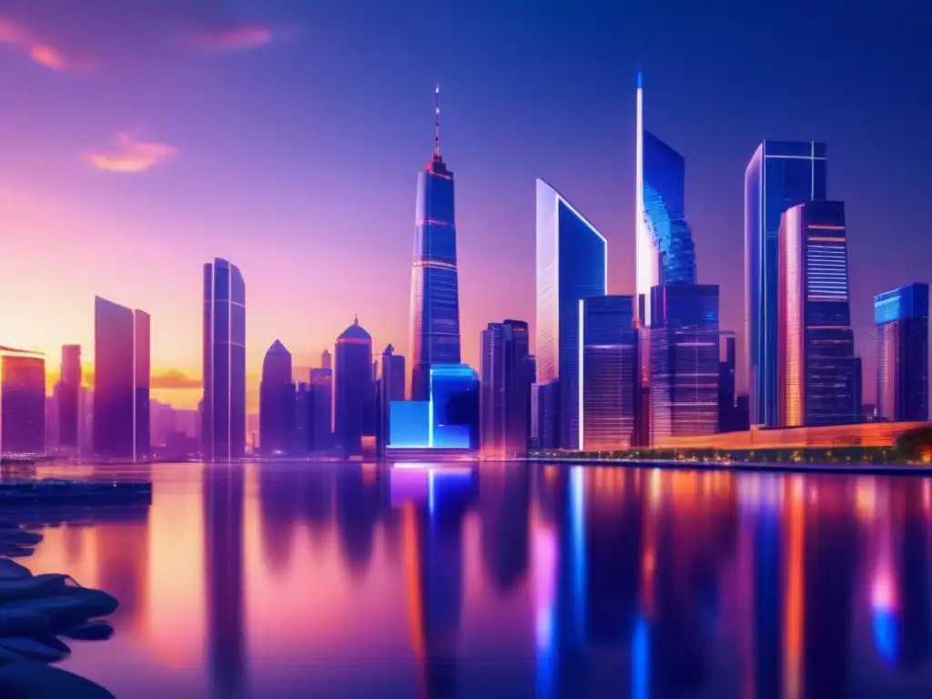 Futuro financiero y roboasesores Futuro urbano al atardecer con rascacielos brillantes y tecnología financiera - Importancia de los Roboadvisors en fondos de emergencia