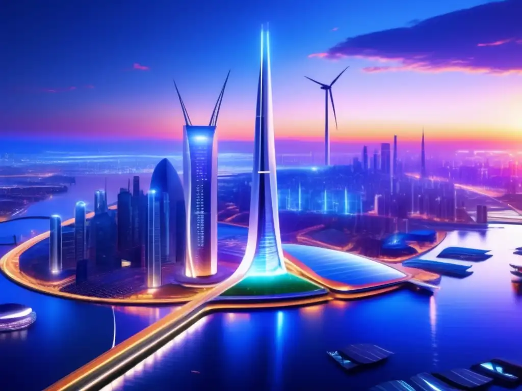 Ciudad futurista con energía renovable y tecnología avanzada Futuro urbano: una ciudad futurista con energía renovable y acciones de energía