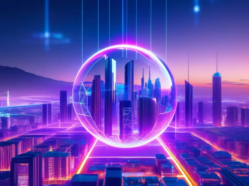 Futurista ciudad con tecnología blockchain Futuro urbano con edificios modernos, blockchain: Desentrañando Blockchain: Revolución financiera asegurada
