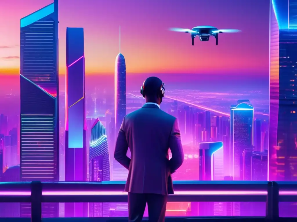 Ciudad futurista iluminada por luces de neón, AI en decisiones financieras Futuro urbano con IA: seguridad inversiones inteligencia artificial