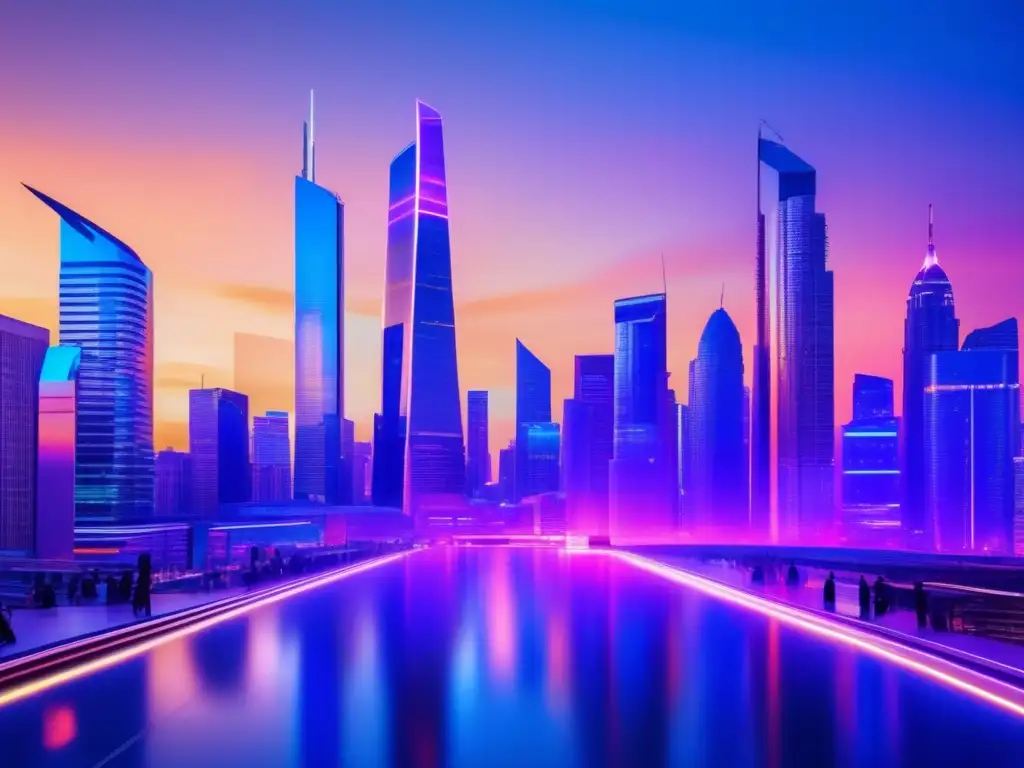 Futuro financiero en la ciudad Futuro urbano con rascacielos y actividad financiera, simbolizando protección de inversiones en crisis
