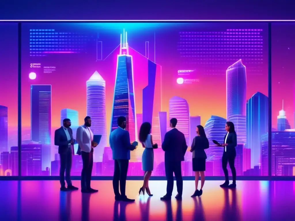 Ciudad futurista con rascacielos y profesionales analizando criptomonedas Futuro urbano con rascacielos, criptomonedas revolucionando inversiones