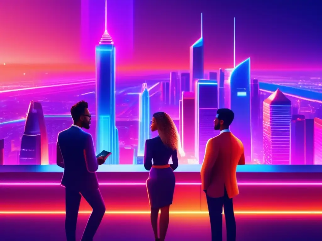 Futuro de la criptomoneda: ciudad futurista Futuro urbano con rascacielos, luces de neón y discusión sobre regulación global de criptomonedas