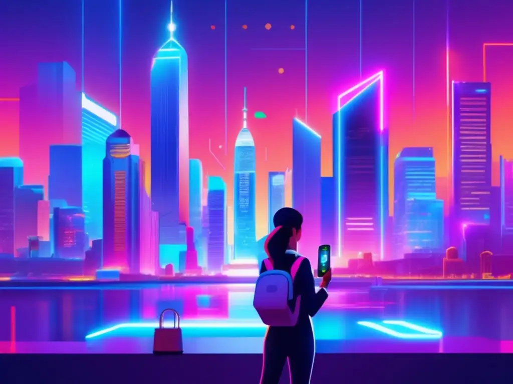 Futuro de las CBDC: Ciudad futurista y tecnológica Futuro urbano con rascacielos y luces neón, persona con smartphone y monedas digitales bancos centrales
