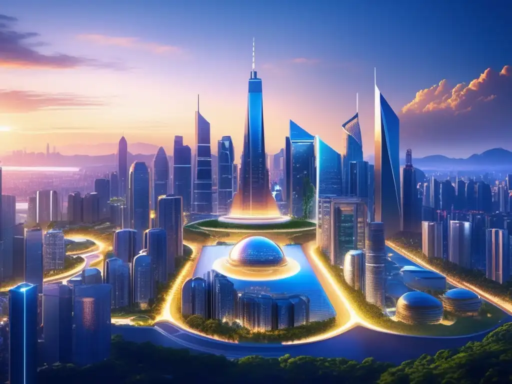 Futurista ciudad con rascacielos y naturaleza Futuro urbano 8k con rascacielos, naturaleza y diversificación de inversiones