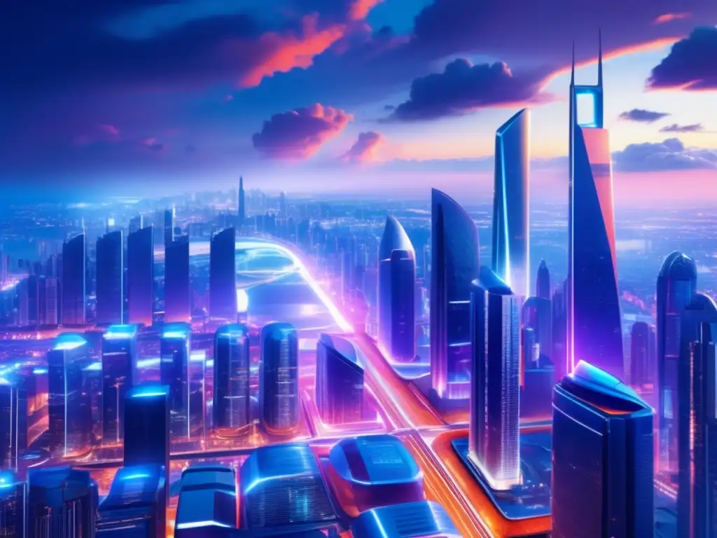 Futuro ciudad con rascacielos altos y vehículos futuristas Futuro urbano con rascacielos, vehículos futuristas y tendencias emergentes en inversiones de franquicias