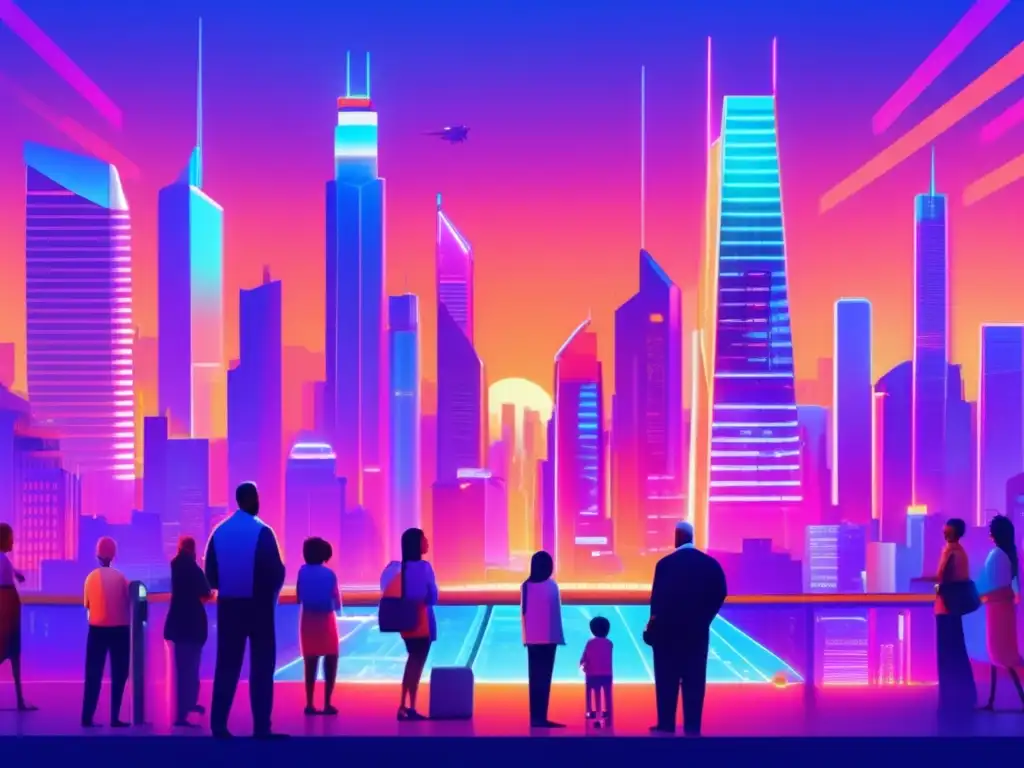 Futurista ciudad con roboadvisor para plan de retiro Futuro urbano con rascacielos de vidrio, luces neón y planificación de jubilación con roboadvisors