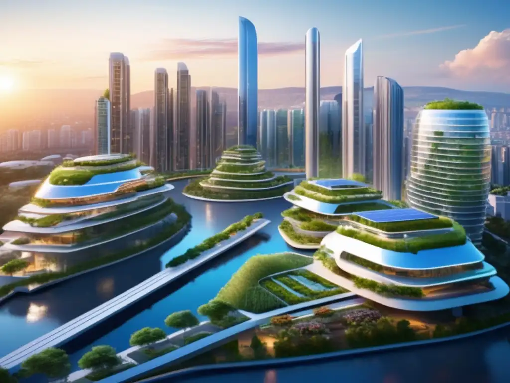Futuro ciudad sostenible con edificios ecológicos Un futuro urbano sostenible, con edificios ecológicos, tecnología limpia y armonía entre desarrollo humano y naturaleza