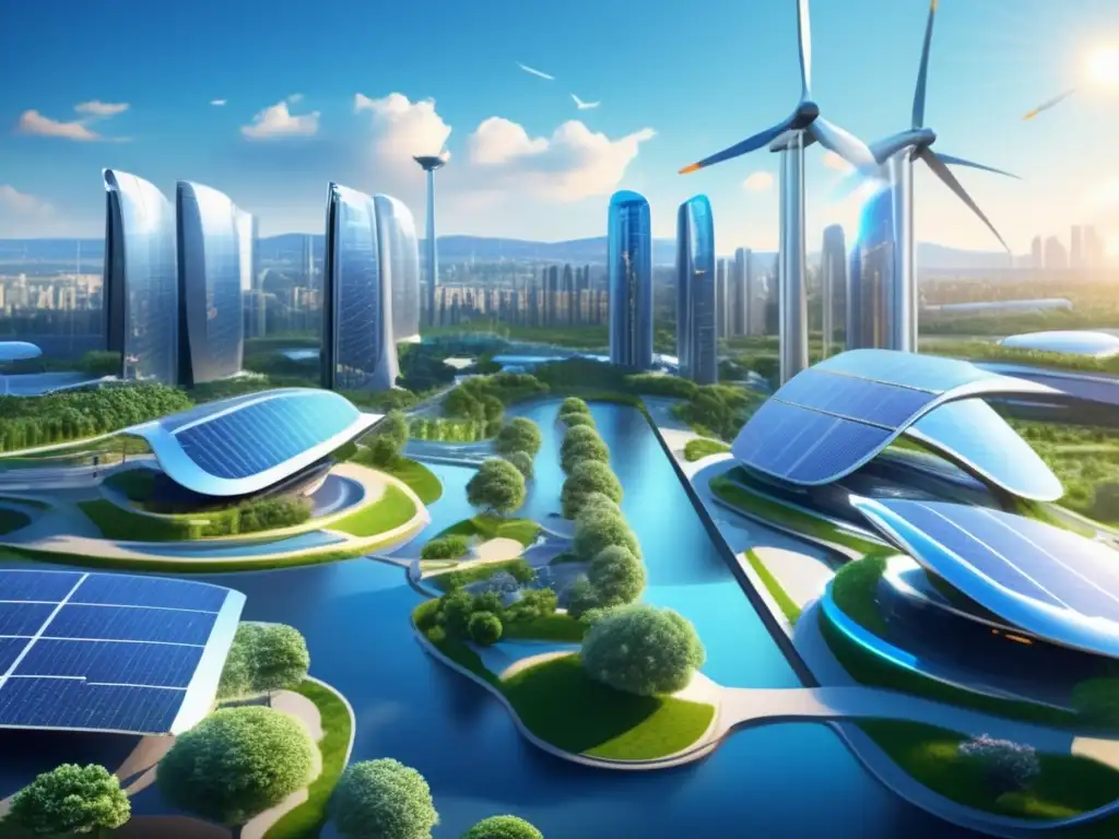 Futuro sostenible: ciudad verde y tecnológica Futuro urbano sostenible con energías renovables - Impacto cambio climático en inversiones financieras