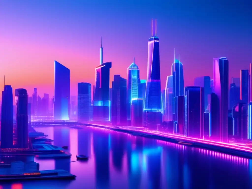 Ciudad futurista iluminada por luces de neón Futuro urbano con transacciones inmobiliarias blockchain