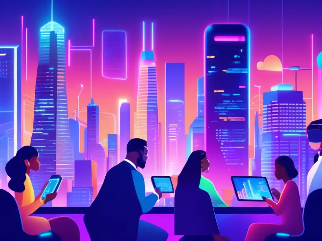 Futuro de la DeFi: Ciudad vibrante y tecnológica Futuro del farming en DeFi: metrópolis vibrante y futurista con personas discutiendo datos financieros